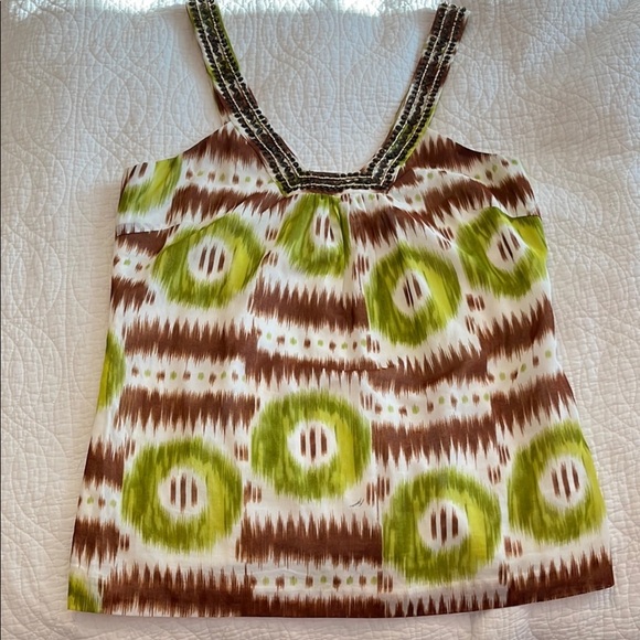 Trina Turk Beaded Ikat Print Tank Top Cotton Resort Luxury Boho Glam Green Small - Picture 3 of 9